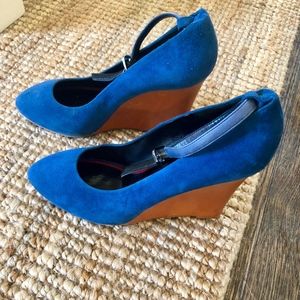 Céline SS11 Blue Suede Wedge Pumps w/ Ankle Straps